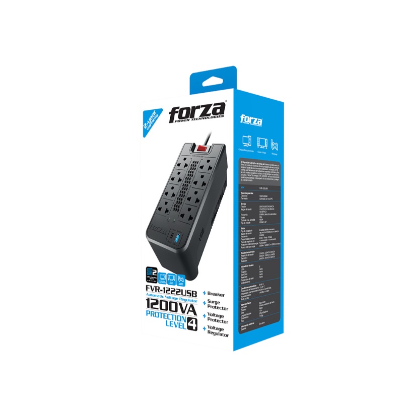 ESTABILIZADOR FORZA FVR-1222USB 1200VA/600W 8 TOMAS + 2 USB 220V